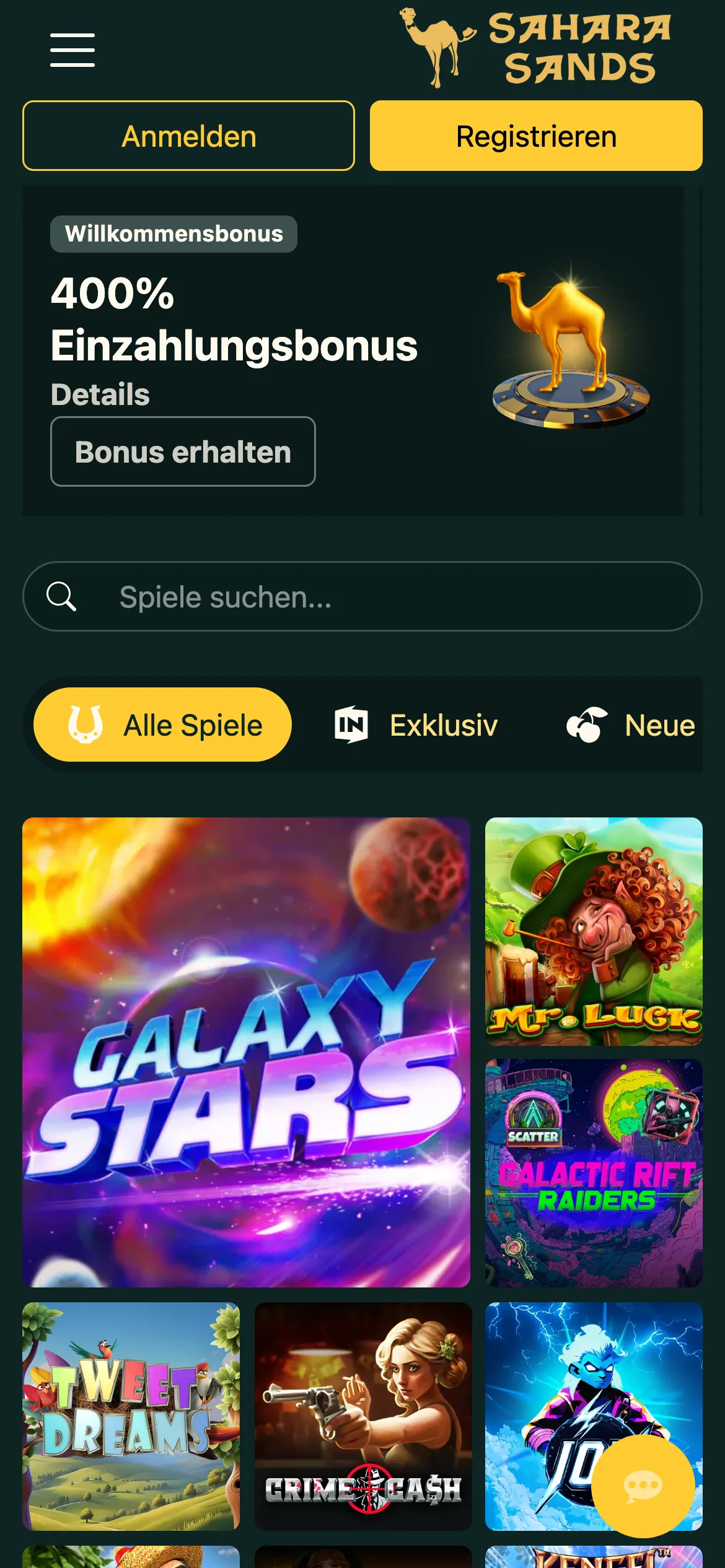 Sahara Sands Casino mobile lobby screenshot